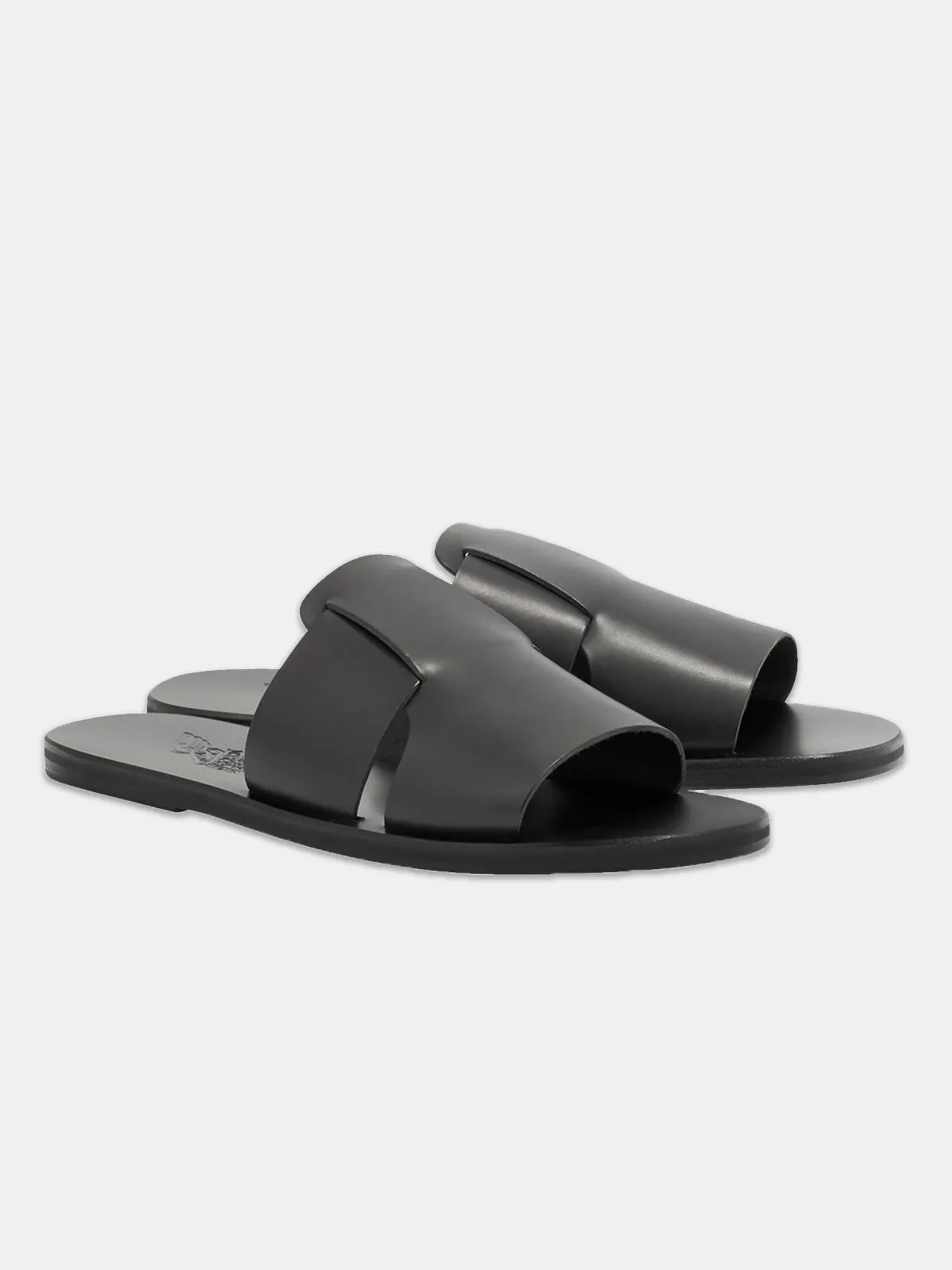 Ancient Greek Sandals Miltiades Black Leather Slide