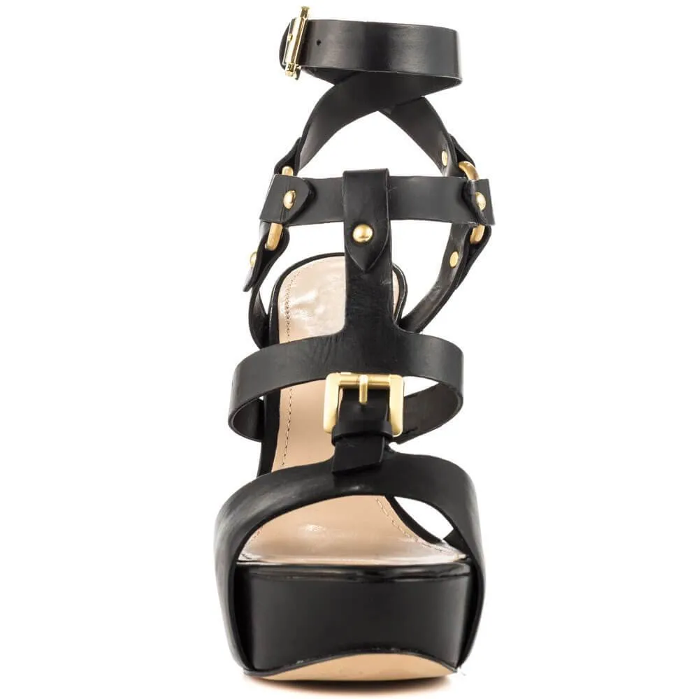 Black Platform Gladiators Leather Buckle Sandals