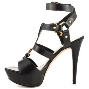 Black Platform Gladiators Leather Buckle Sandals