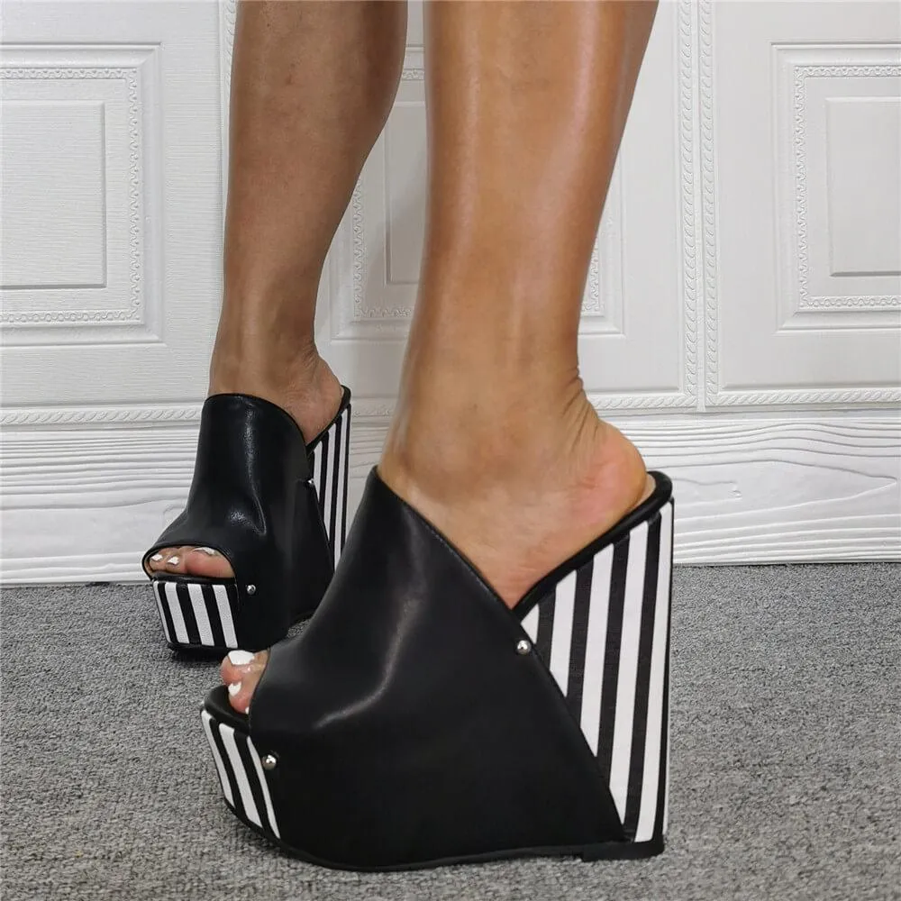 Black Wedge Platform Peep Toe Stripes High Heel Sandals