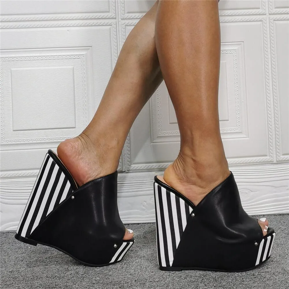 Black Wedge Platform Peep Toe Stripes High Heel Sandals