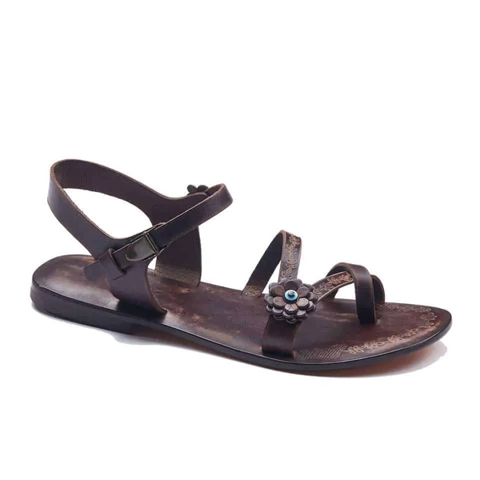 Brown Leather Thong Flat Sandals For Womens With Strap