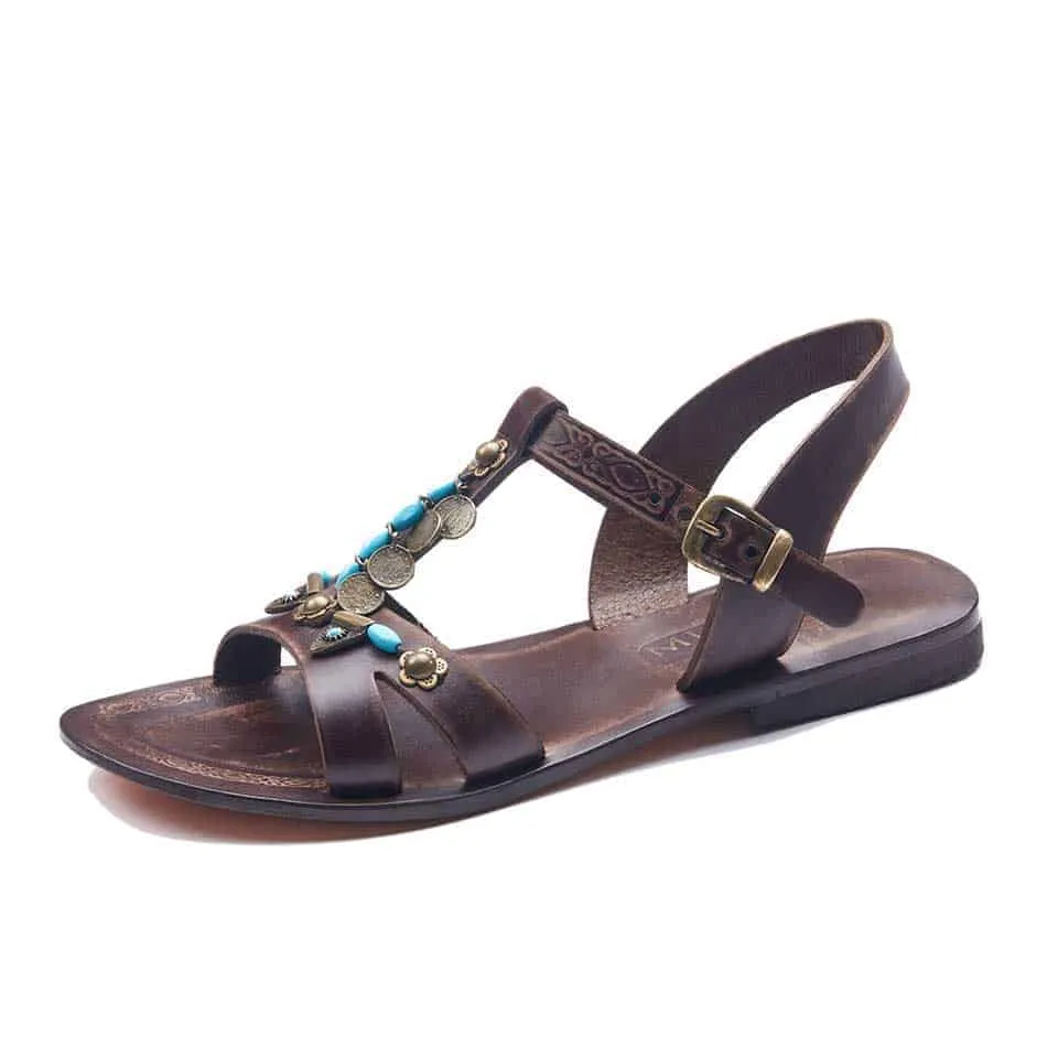 Brown Open Toe Ankle Straps Slide Leather Sandals