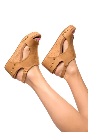 Carley Wedge Sandals in Caramel Smooth - CORKYS