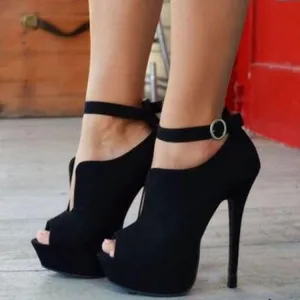 Casual Black Suede Platform Peep Toe Cutout High Heel Boots