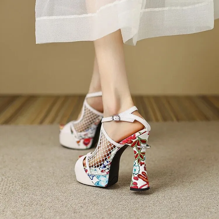 Floral Peep Toe Hollow Out Platform Sandals