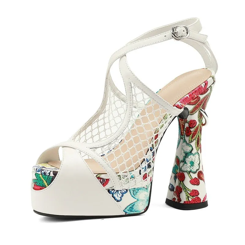 Floral Peep Toe Hollow Out Platform Sandals