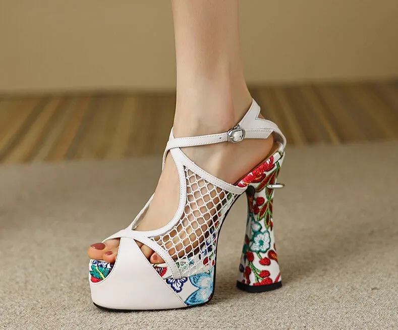 Floral Peep Toe Hollow Out Platform Sandals