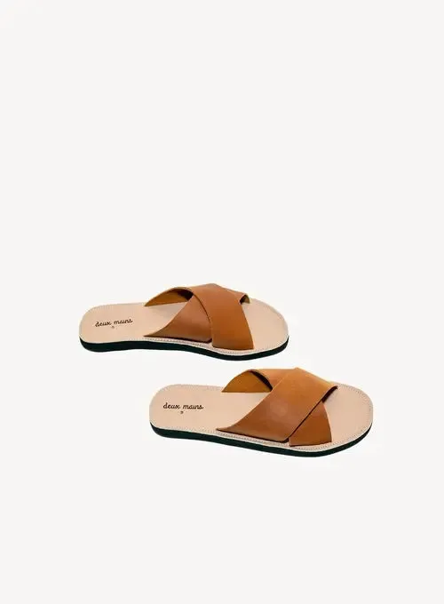 Handcrafted Cognac Leather Men's Criss Cross Sandals