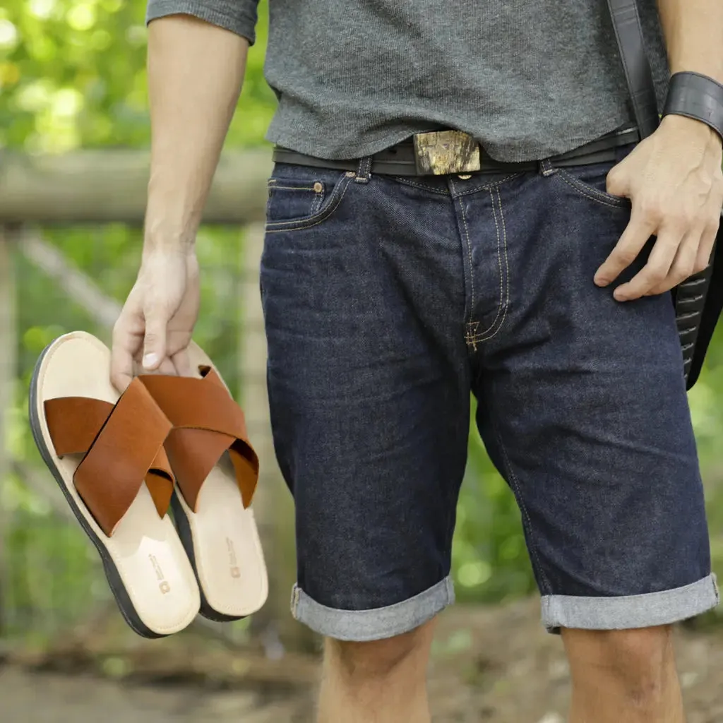 Handcrafted Cognac Leather Men's Criss Cross Sandals