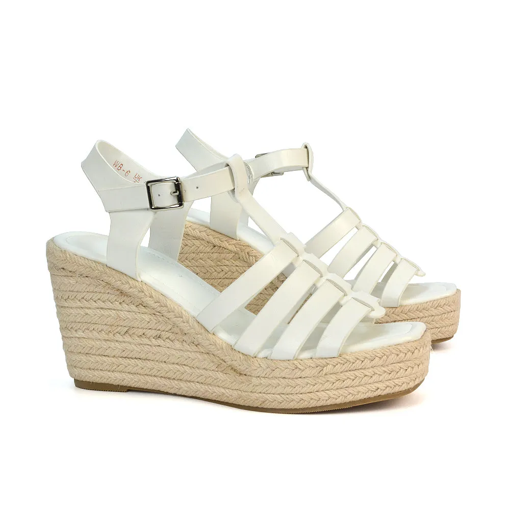 Jojo Espadrille Platform Wedge Heel Sandals With Ankle Strap in Nude