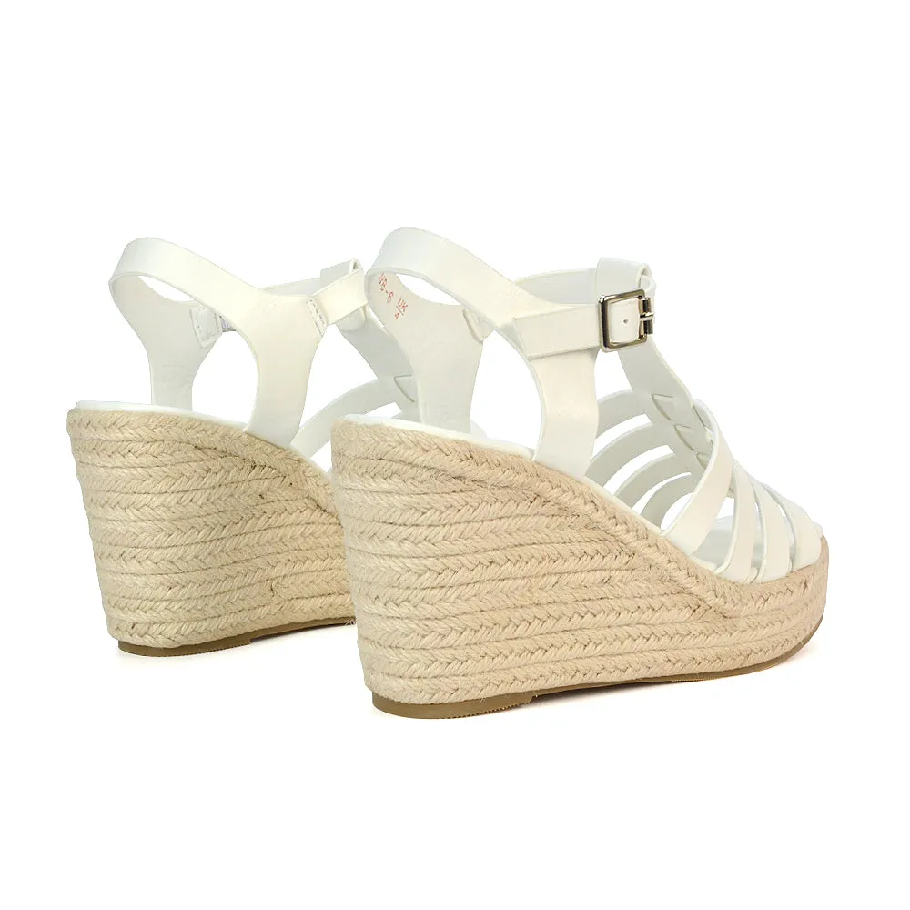 Jojo Espadrille Platform Wedge Heel Sandals With Ankle Strap in Nude