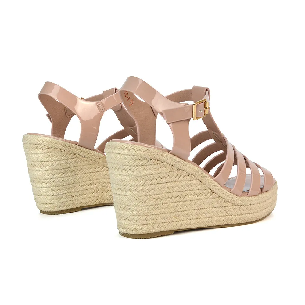 Jojo Espadrille Platform Wedge Heel Sandals With Ankle Strap in Nude