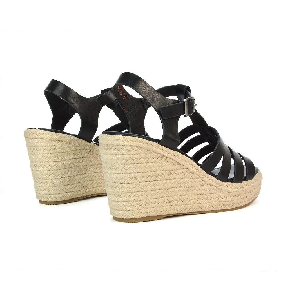 Jojo Espadrille Platform Wedge Heel Sandals With Ankle Strap in Nude