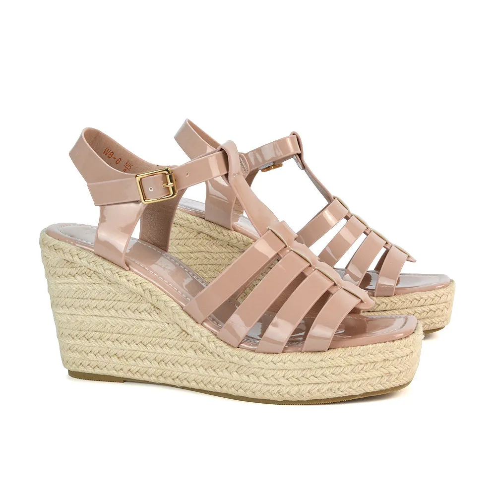 Jojo Espadrille Platform Wedge Heel Sandals With Ankle Strap in Nude