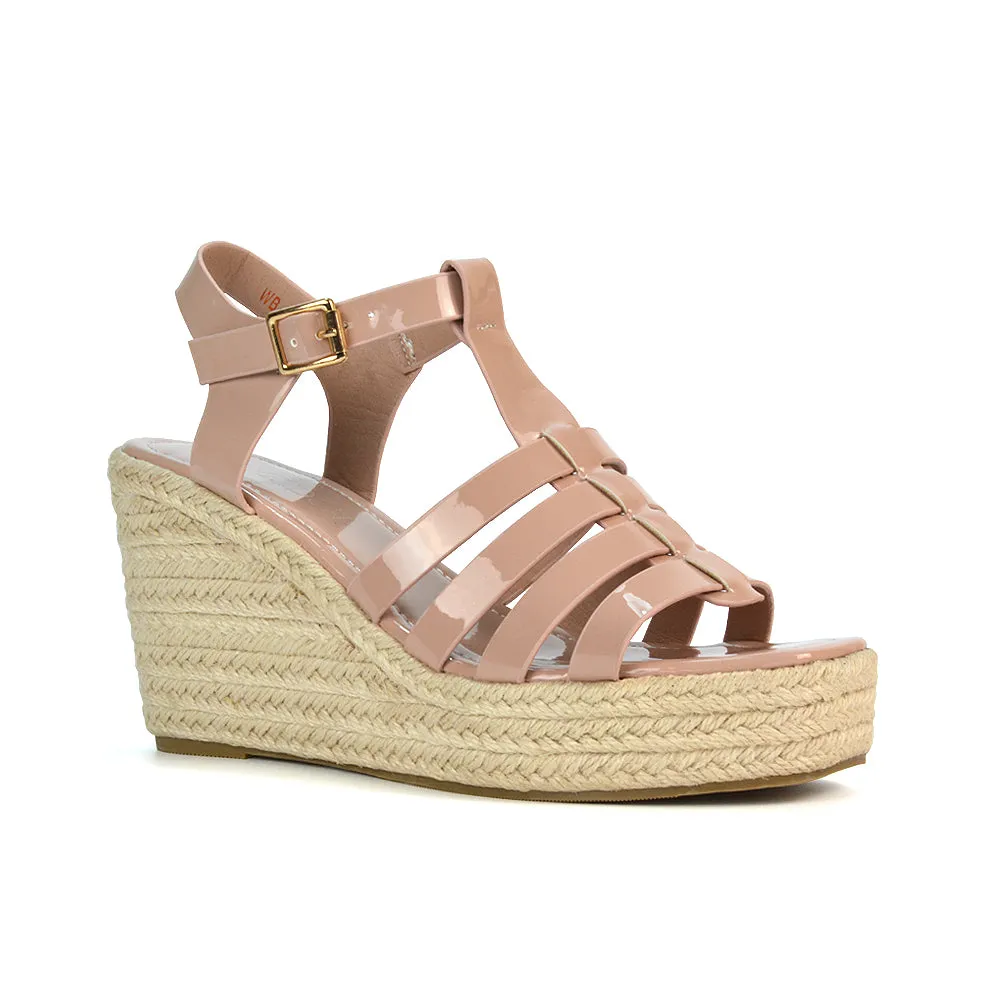 Jojo Espadrille Platform Wedge Heel Sandals With Ankle Strap in Nude