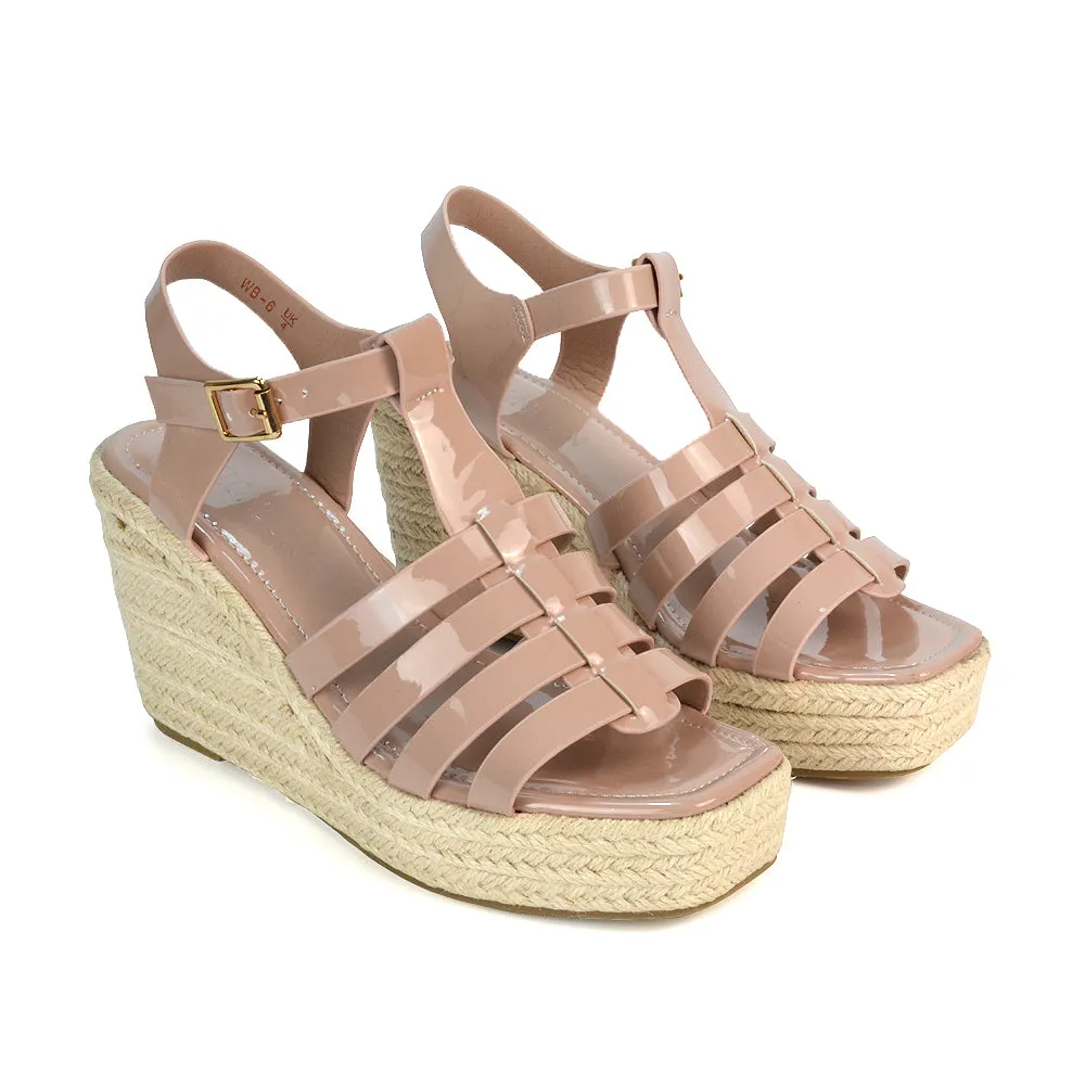 Jojo Espadrille Platform Wedge Heel Sandals With Ankle Strap in Nude