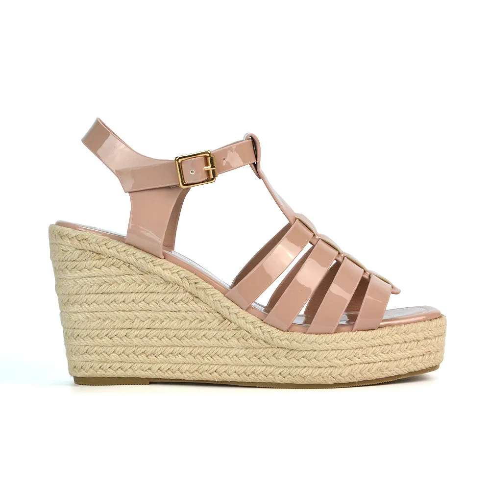 Jojo Espadrille Platform Wedge Heel Sandals With Ankle Strap in Nude