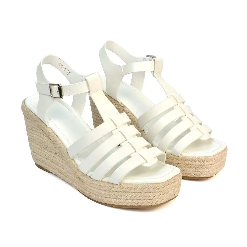 Jojo Espadrille Platform Wedge Heel Sandals With Ankle Strap in Nude