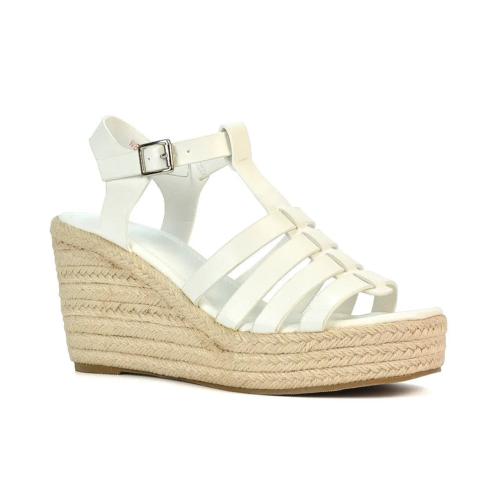 Jojo Espadrille Platform Wedge Heel Sandals With Ankle Strap in Nude