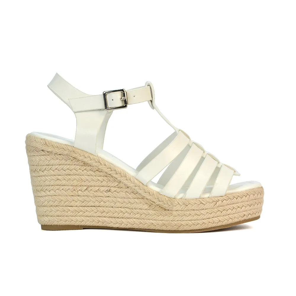 Jojo Espadrille Platform Wedge Heel Sandals With Ankle Strap in Nude