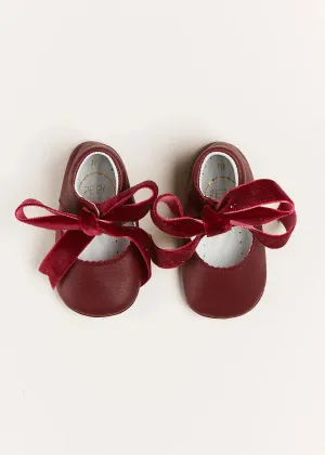 Leather Velvet Ribbon Pram Shoes in Burgundy (17-20EU)