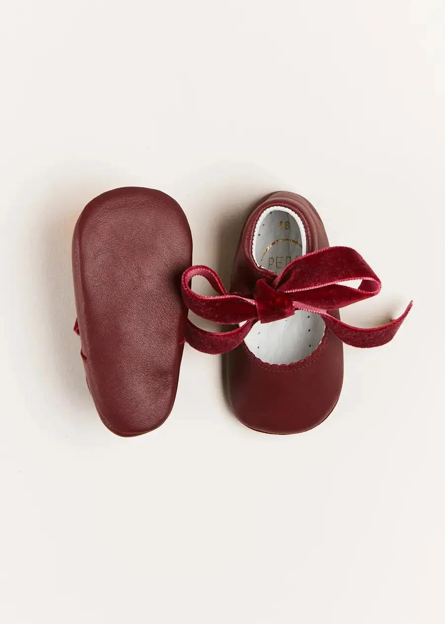 Leather Velvet Ribbon Pram Shoes in Burgundy (17-20EU)