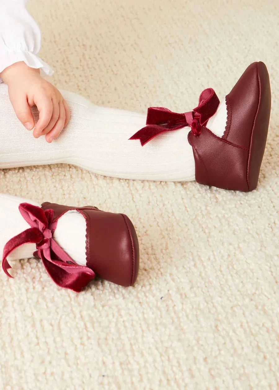 Leather Velvet Ribbon Pram Shoes in Burgundy (17-20EU)