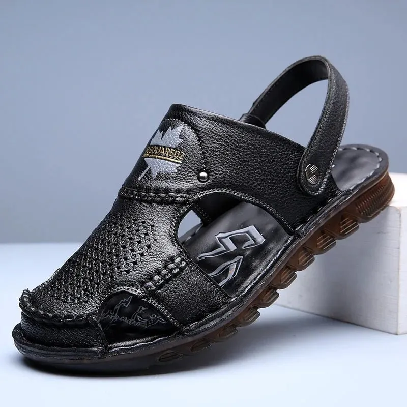 Men Leather Open-Toe Sandals - Dual Use, Black - Sizes BRA36 to BRA46