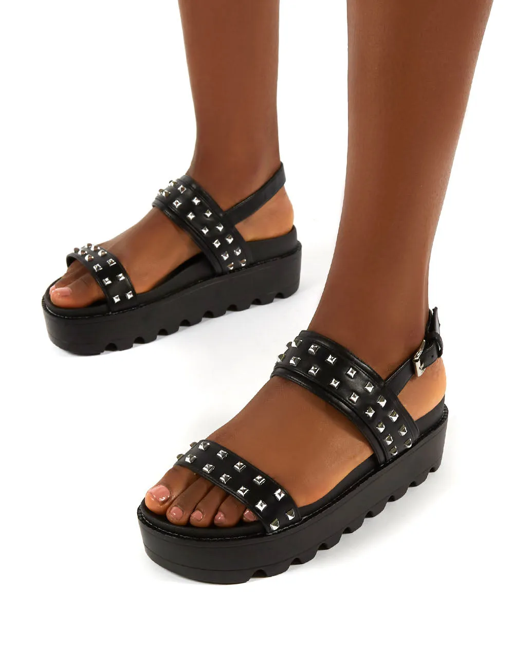 Rider Black PU Studded Two Strap Platform Sandals