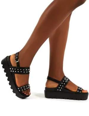 Rider Black PU Studded Two Strap Platform Sandals