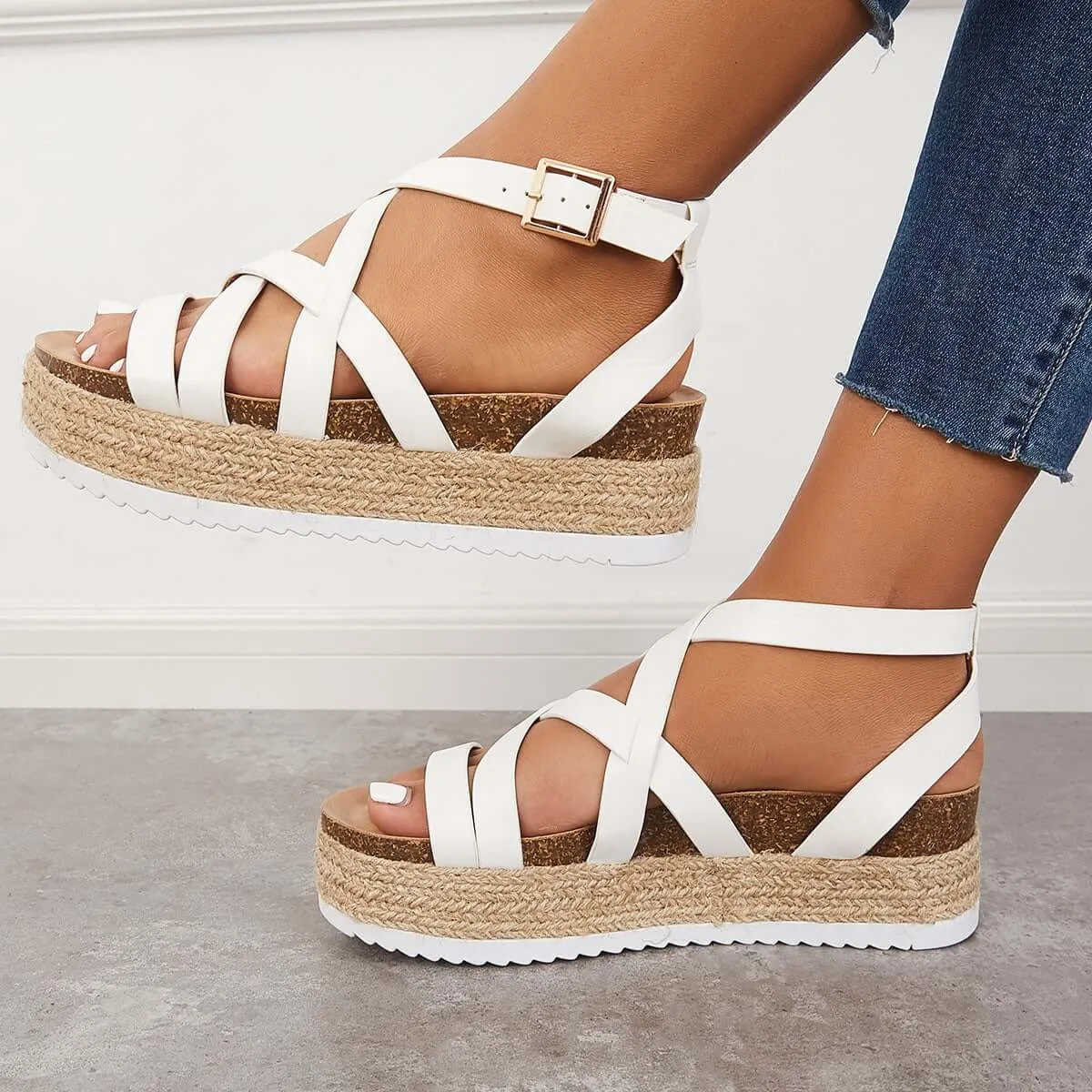 Sohiwoo  Women Criss Cross Espadrilles Platform Wedges Ankle Strap Sandals