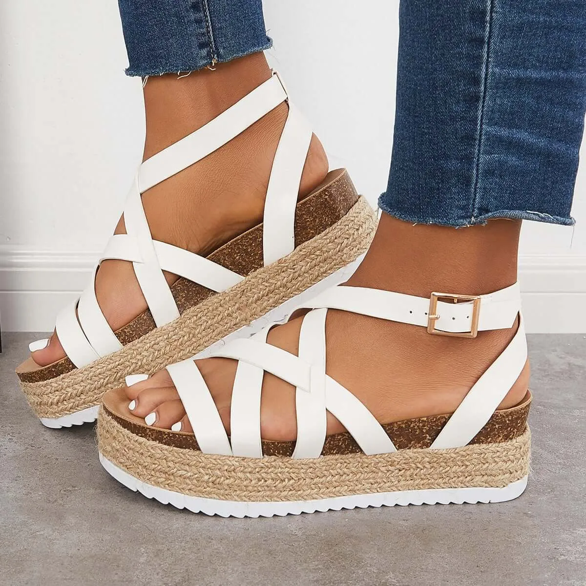 Sohiwoo  Women Criss Cross Espadrilles Platform Wedges Ankle Strap Sandals