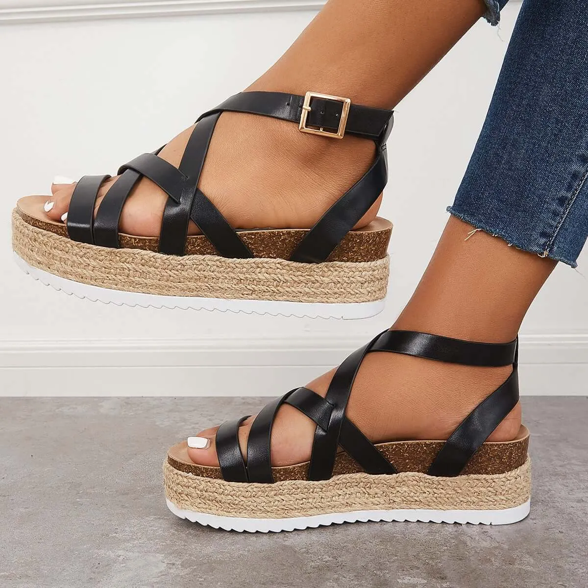 Sohiwoo  Women Criss Cross Espadrilles Platform Wedges Ankle Strap Sandals