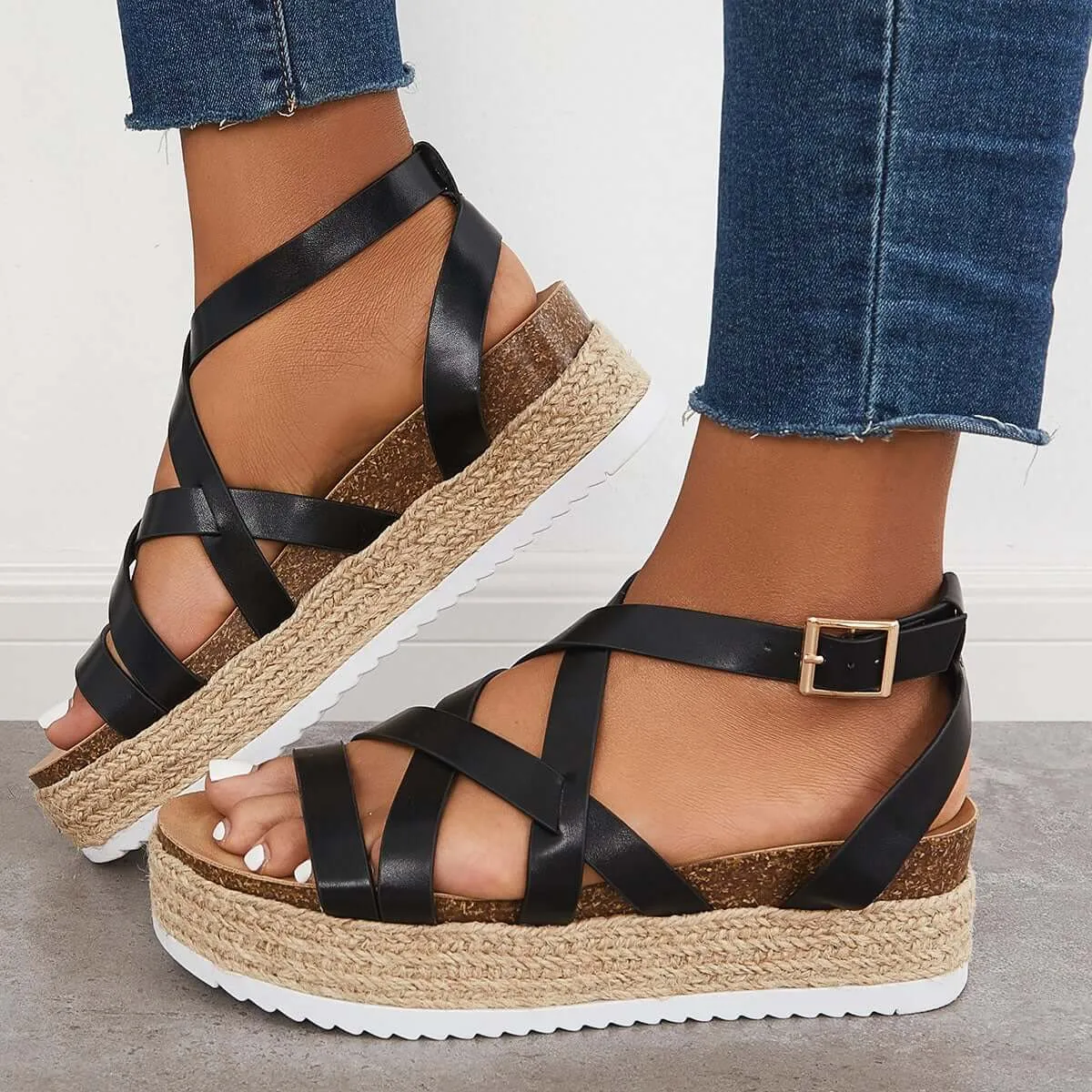 Sohiwoo  Women Criss Cross Espadrilles Platform Wedges Ankle Strap Sandals