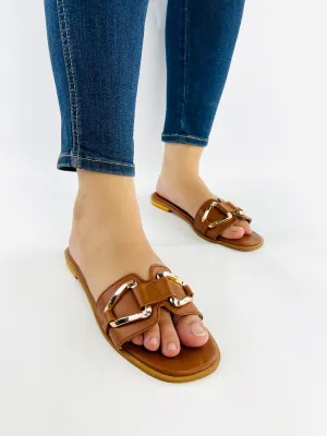 Spunkz Brown Women's Metal Chain Open Round Toe Slide Casual Sandals