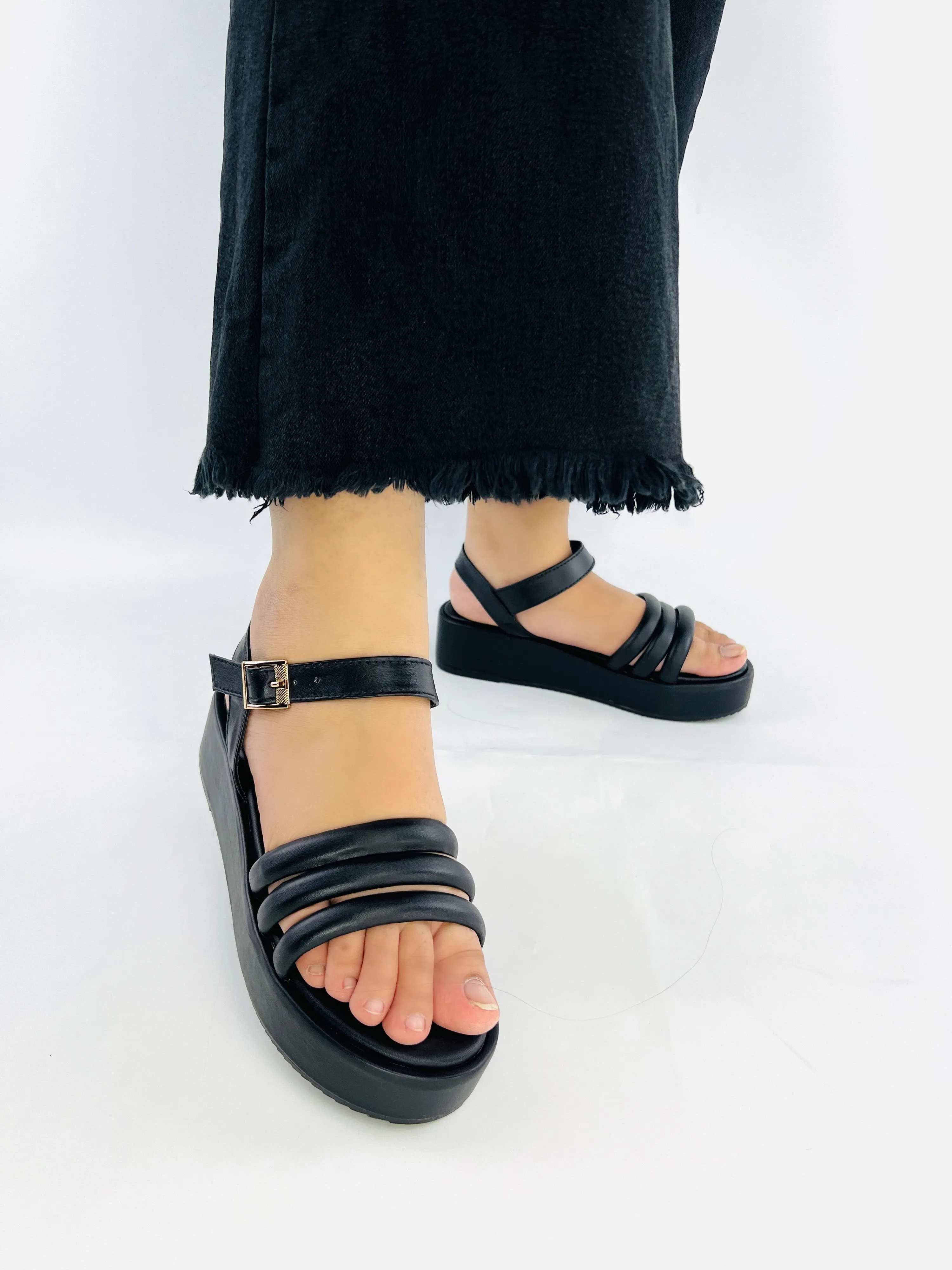 Spunkz Cross Strap Platform Wedge Heel Sandals in Black Faux Leather