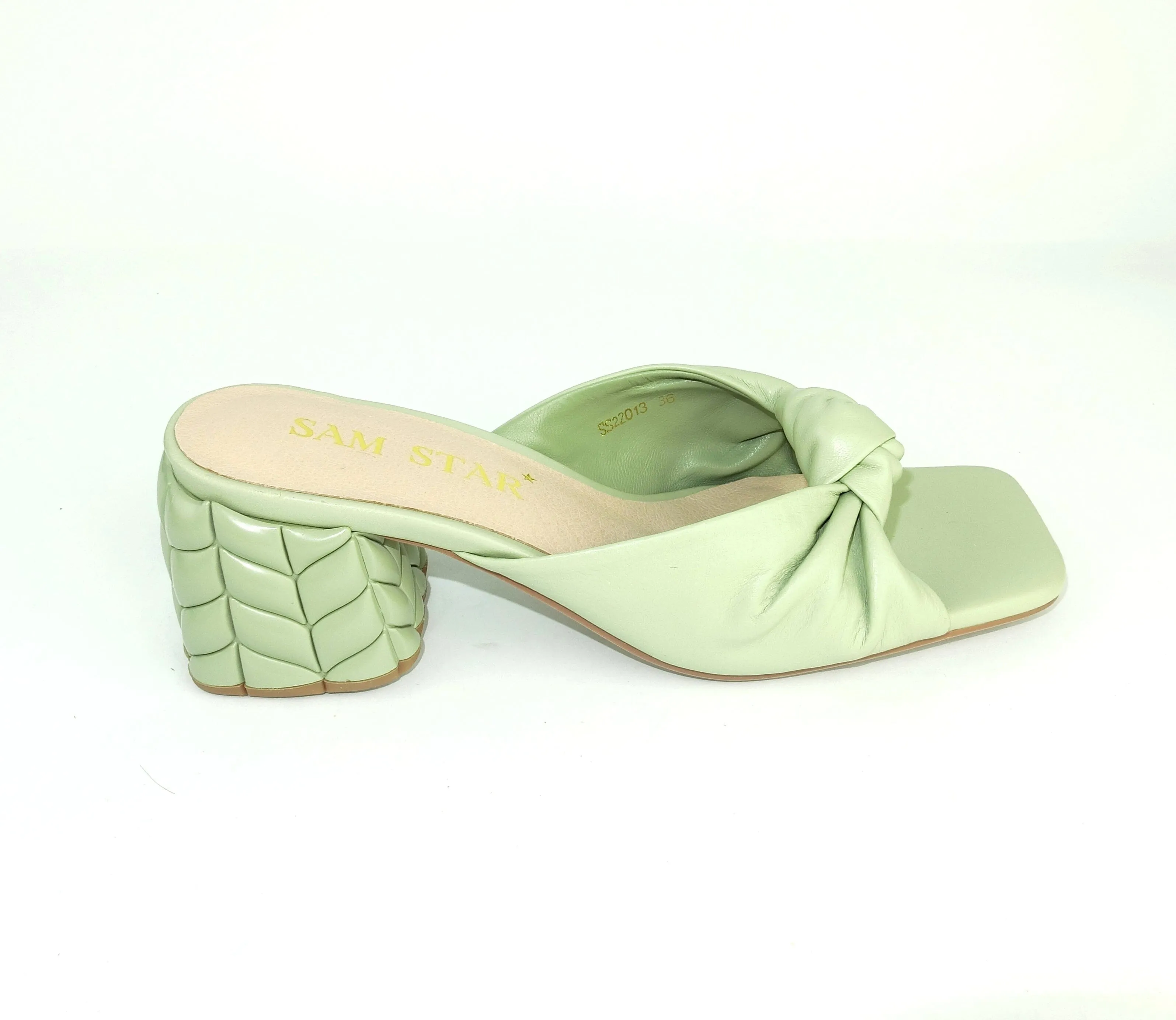 SS22013 Genuine leather bow tie block heel sandals in Mint