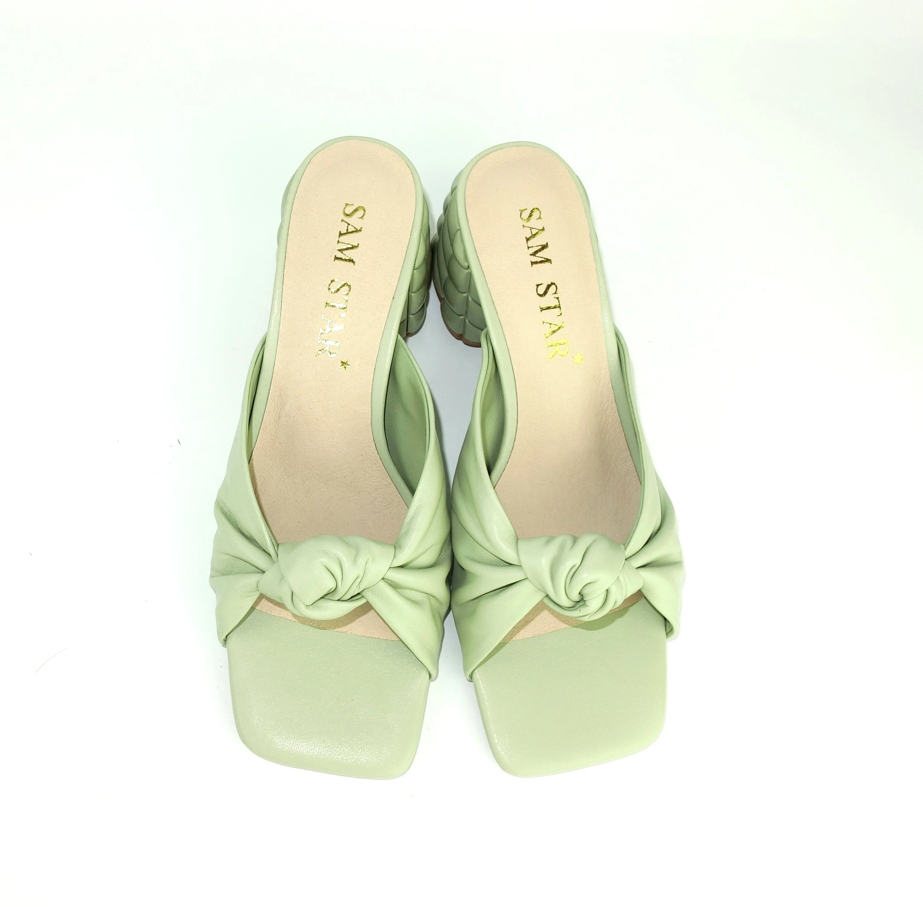 SS22013 Genuine leather bow tie block heel sandals in Mint