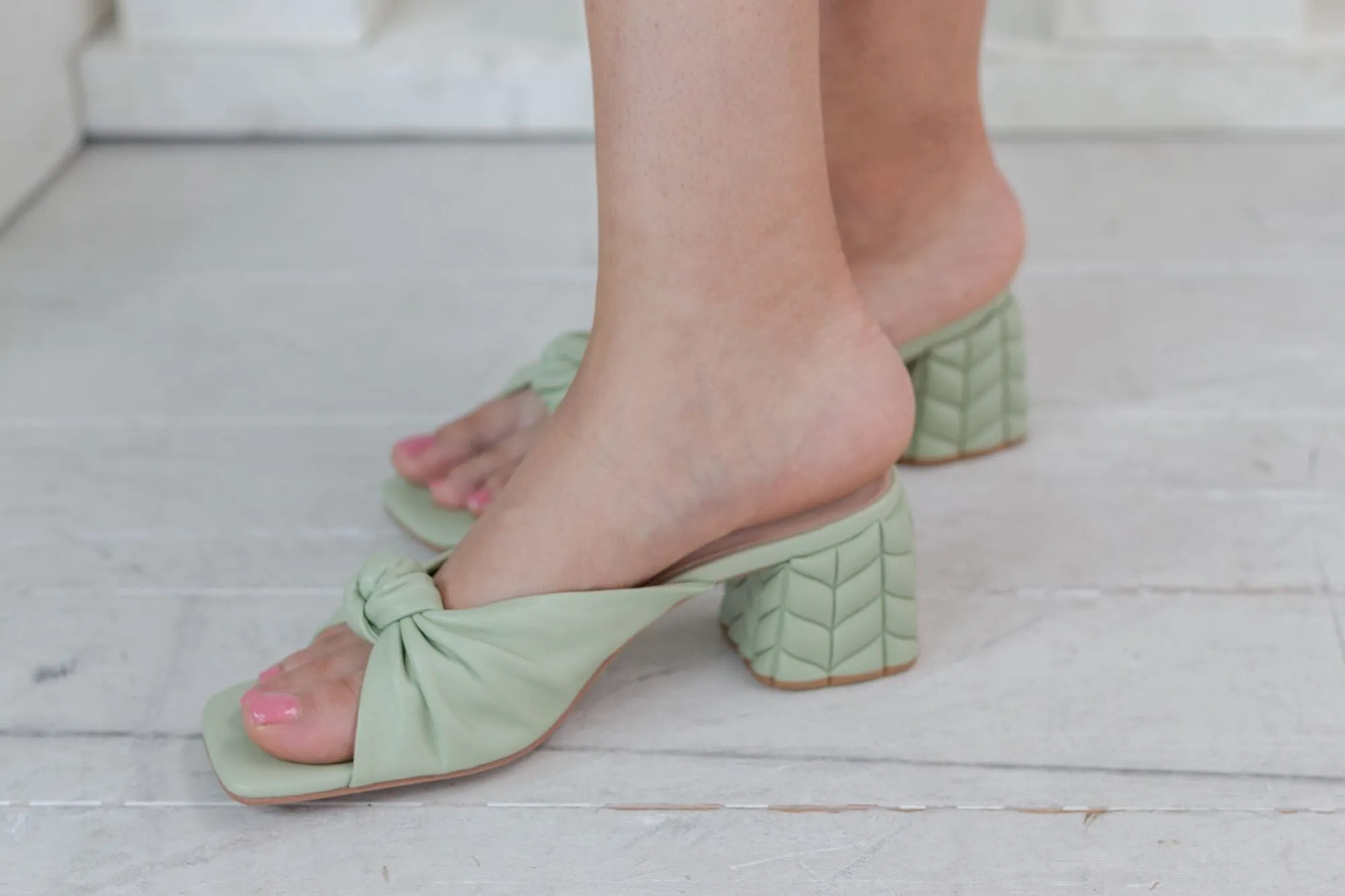 SS22013 Genuine leather bow tie block heel sandals in Mint