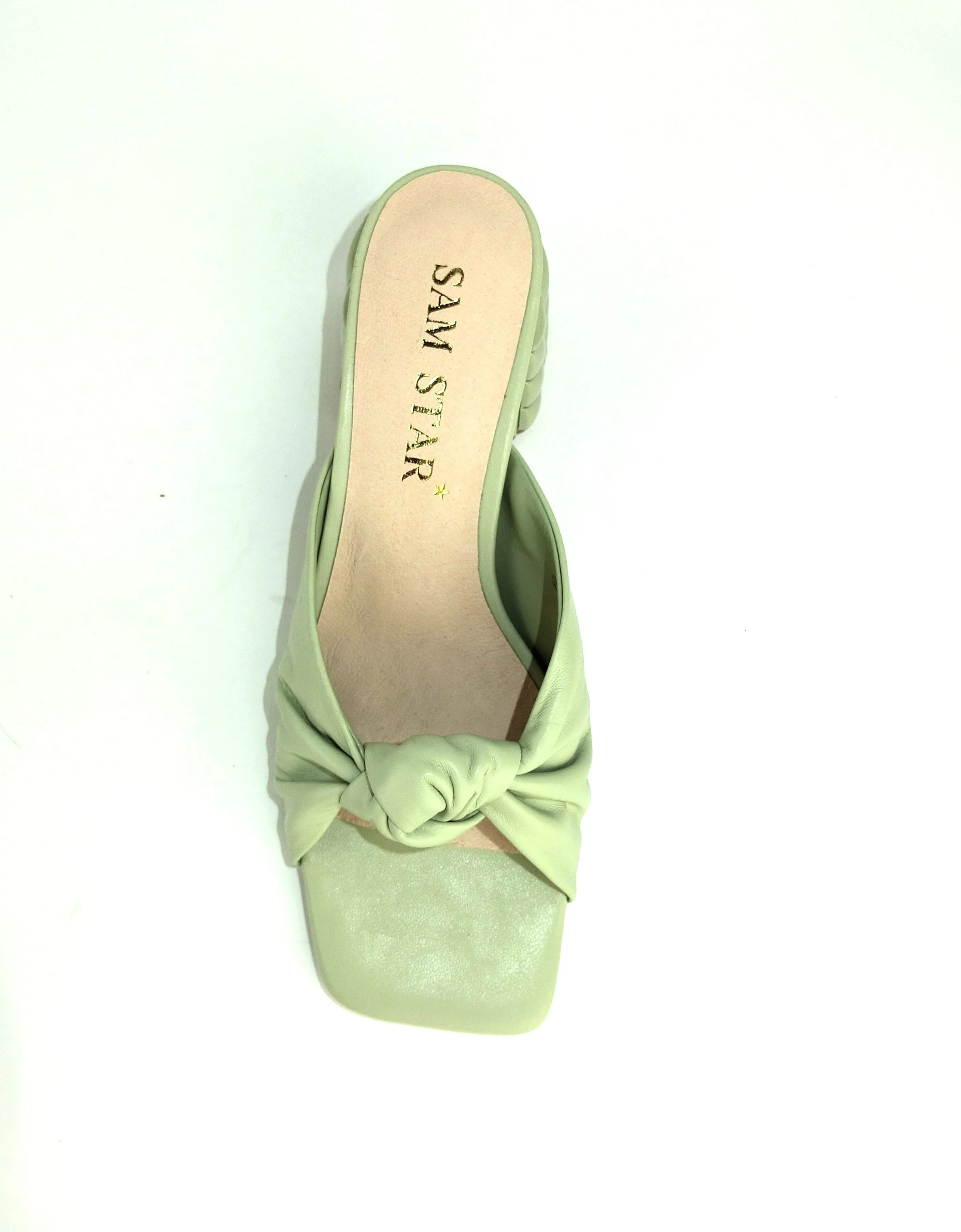 SS22013 Genuine leather bow tie block heel sandals in Mint